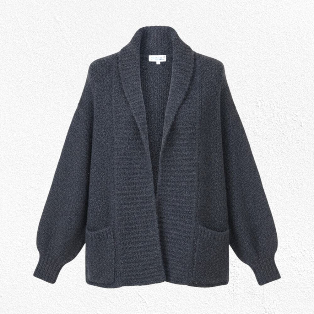 1980s Black Boucle Knit Shawl Cardigan Minimalist Wool Blend Jacket Size Small
